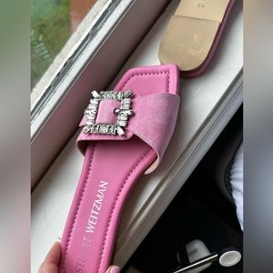 Stuart Weitzman Pink Embellished Buckle Slide Sandals 8.5